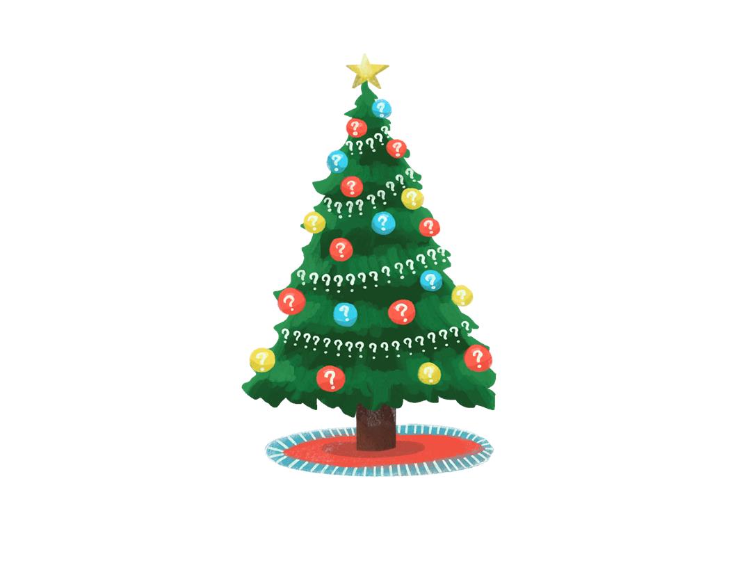 An illustrated christmas tree with ornaments featuring question marks and garland made out of question marks.