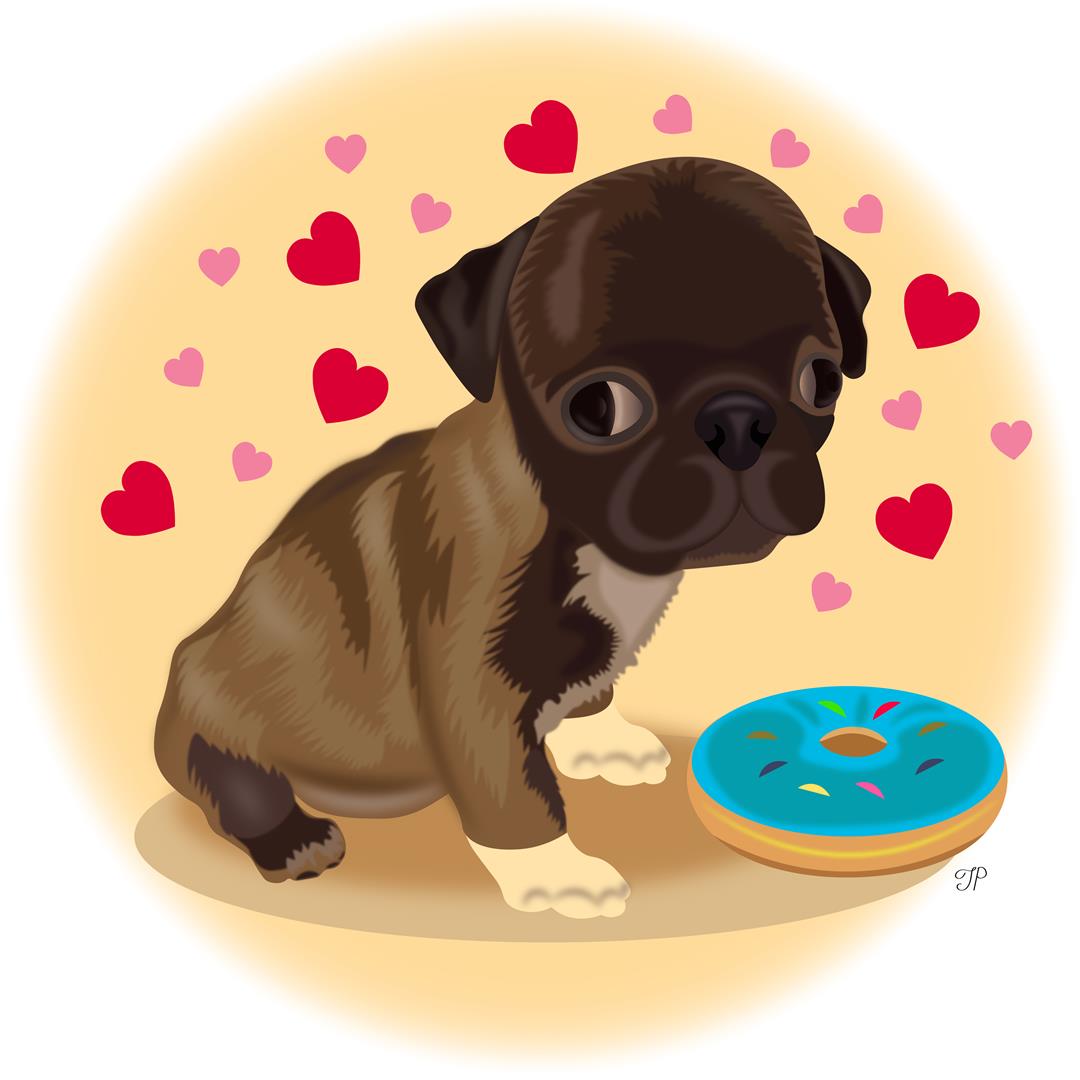 A portrait of a cute pug puppy sitting beside his donut-shaped doggy toy. Hearts are floating around him in the background.
