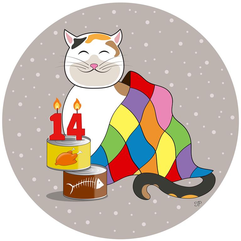 A calico cat wrapped in a colourful quilt and sitting beside two cans of food. One can label has fish bones on it and the other – a whole chicken. There are lit Happy Birthday candles, shaped as number 14 on top of the cans.