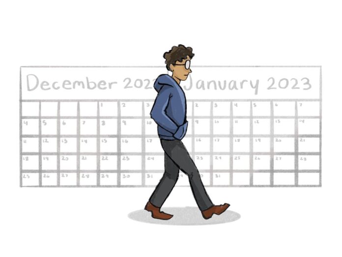 An illustrated man walking with no baggage into the new year. Behind him is the December 2022 calendar moving into the Janueary 2023 calendar