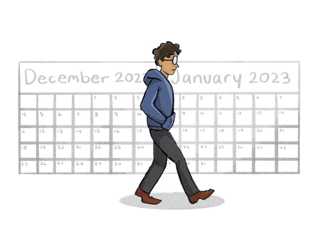 An illustrated man walking with no baggage into the new year. Behind him is the December 2022 calendar moving into the Janueary 2023 calendar