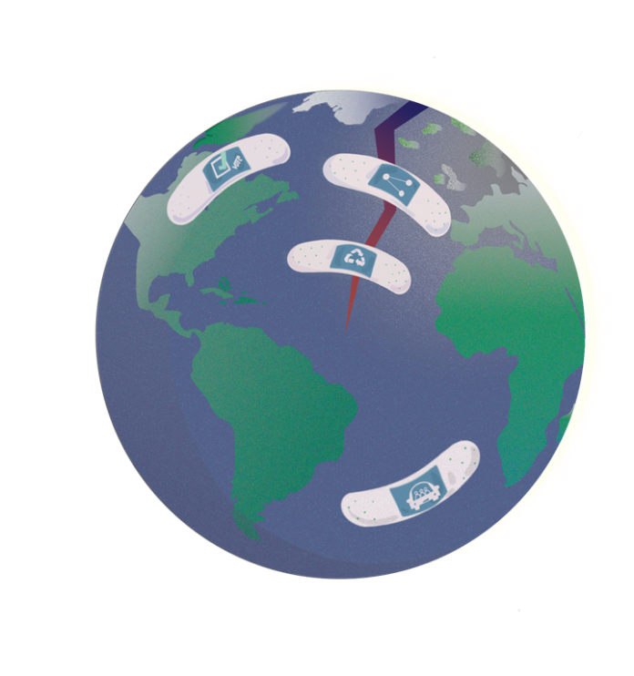 An ilustration of the earth with a crack don the side. Covering the golbe are four band-aids with symbols on them indicating a voting ballot, a carpool, a recylce symbol and a connection symbol.