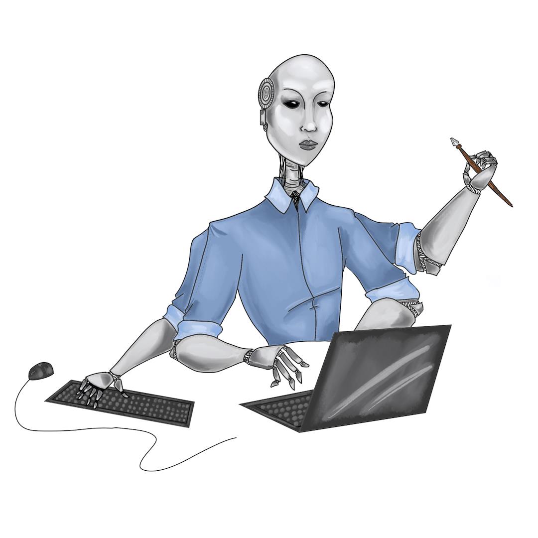 An illustrated humanoid robot with muliptle arms types on a laptop