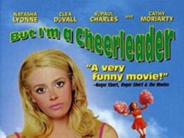 A moive poster with a female actress is wearing a pink prom dress and long satin gloves. She looks at the camera nervously. The title reads "But i'm a cheerleader" and beside that is text that reads "a hilariously funny movie"