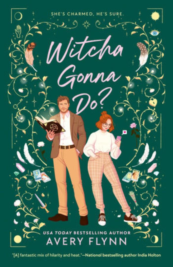 A book cover with an illustrated couple on it. He is reading a book and she stadns looking at her phone. Surounding them are illustrated vines and flowers and the title reads 