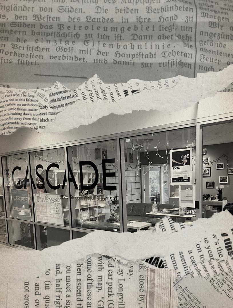 The front of the Cascade office covered with newspapers