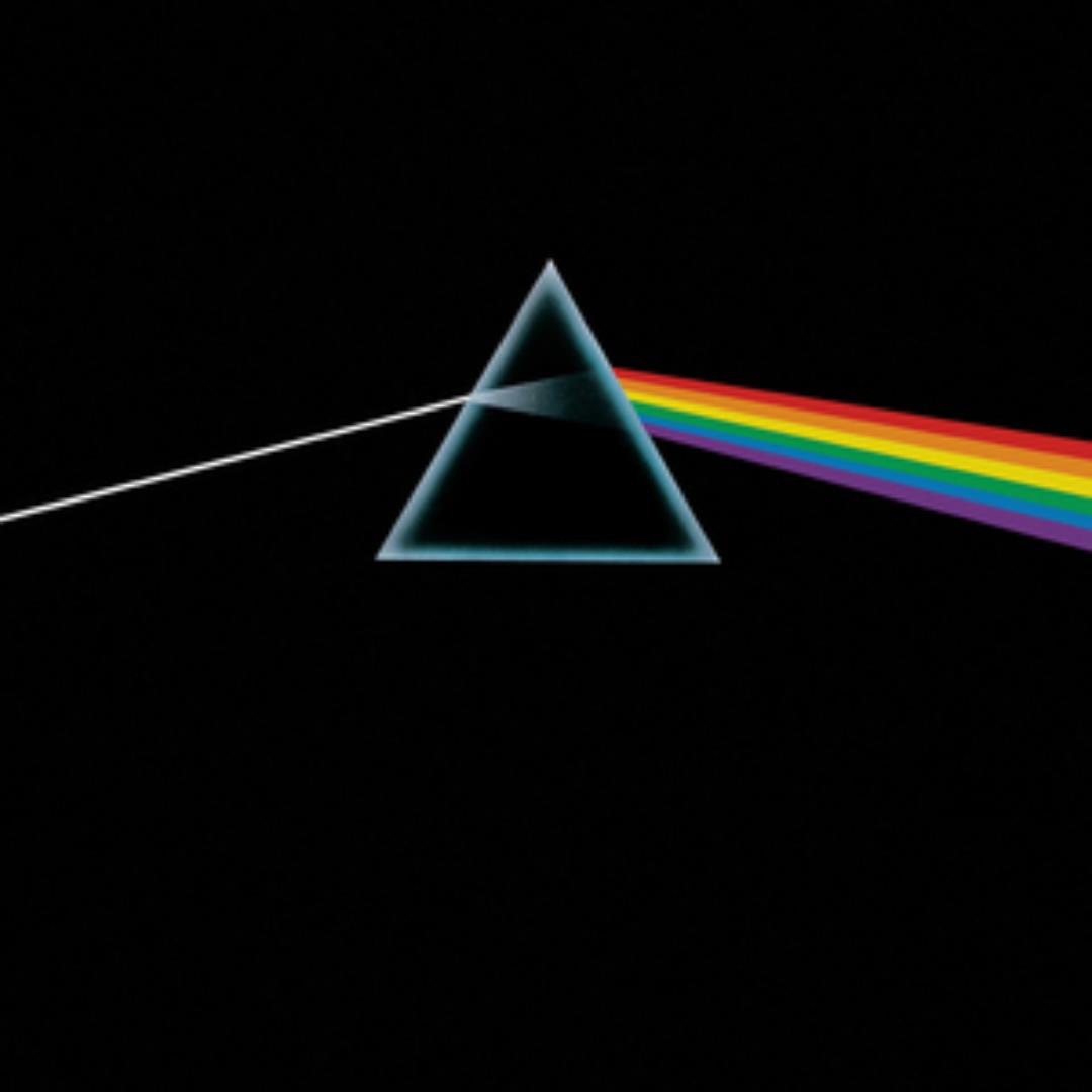 A black album cover with a white triangle outline. Coming out of the prism is a rainbow.