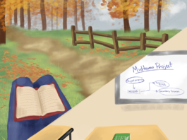 a square illustration with a diagnol split down the center. One side is a classroom with a desk and a notebook on it with UFV written on the cover. On the other side is someone reading a book outside with fall trees and leaves.