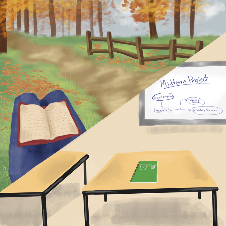 a square illustration with a diagnol split down the center. One side is a classroom with a desk and a notebook on it with UFV written on the cover. On the other side is someone reading a book outside with fall trees and leaves.