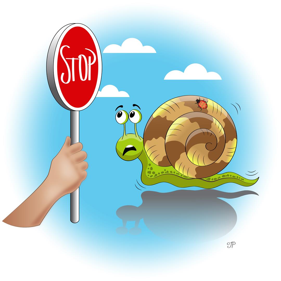 A snail is looking at the stop sign. There is a disappointment shown in the snail’s facial expression.