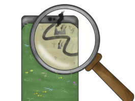 An illustration of an iphone screen with green grass and flowers on it. A magnifying glass overs over one corner and reveals pollution and oil.
