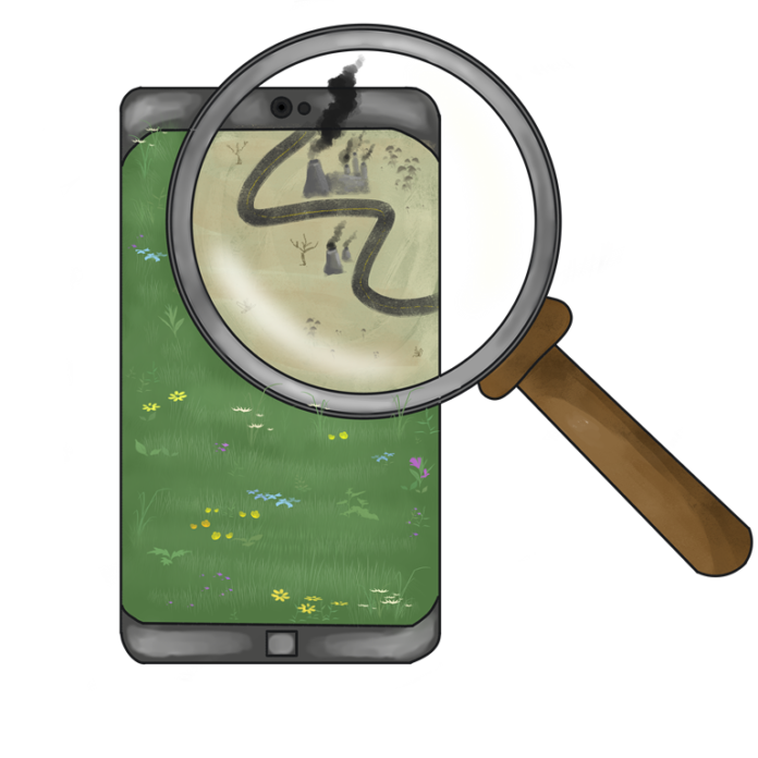 An illustration of an iphone screen with green grass and flowers on it. A magnifying glass overs over one corner and reveals pollution and oil.