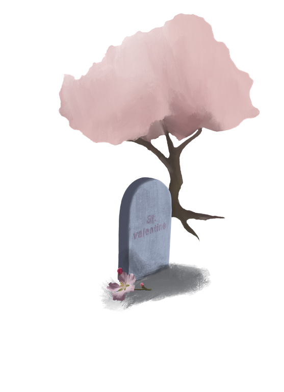 An illustration of a grave stone with St. Valentine wirtten on it. Behind it is a cherry blossom tree and in front of the gravestone is a cherry blosom bloom.