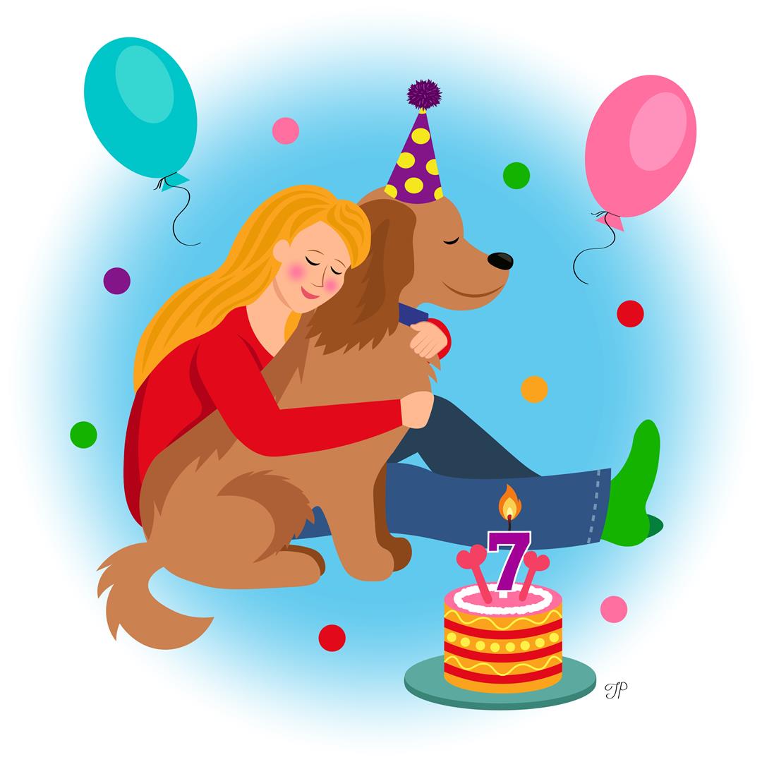 A girl is hugging a dog. A dog wears a birthday hat. Dog’s birthday cake with a lit birthday candle shaped as number 7 and two decorative bones are in the foreground; birthday balloons are in the background.