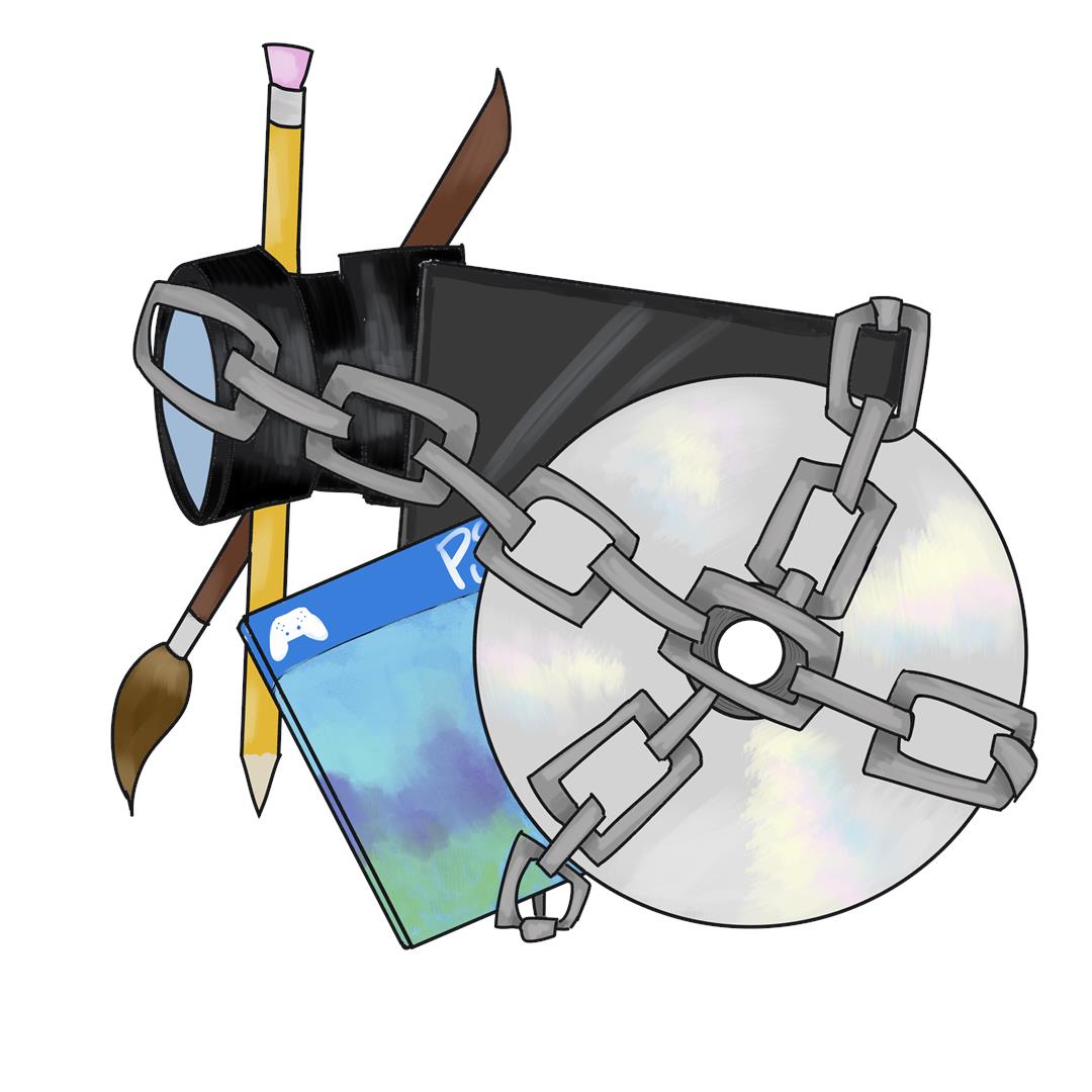 An illustration of a CD, a playstation game, some pencils and paintbrushes and a book in a bundle and locked up in chains