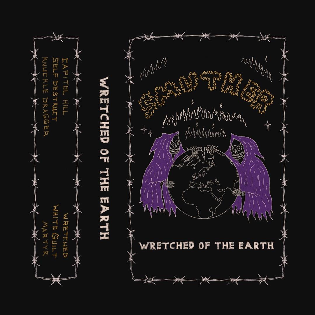 An album cover with hand drawn illustrations on it of two skeletons in purple robes holding the earth surrounded by flames. The texts reads 