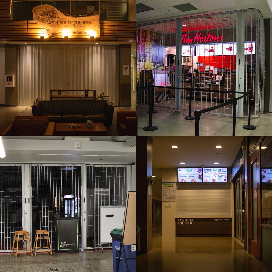 A square photo collage showing Tim Hortons, Fairgrounds Coffee, Streats, & The Cafeteria closed.