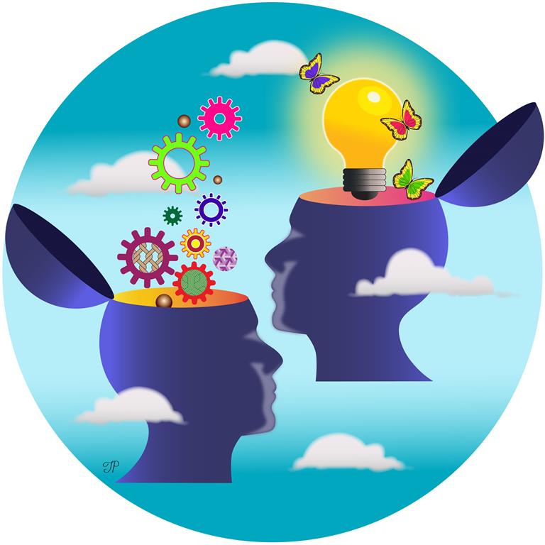 There are silhouettes of two human heads. The colorful screw nuts are coming from one head; a bright light bulb is on top of the other head with butterflies around it.