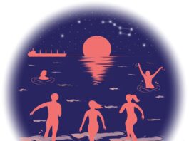 A group of friends running to the ocean to swim at night. Two other figures are in the water. The starry sky, tanker, and a low sun with reflection on the water are in the background.