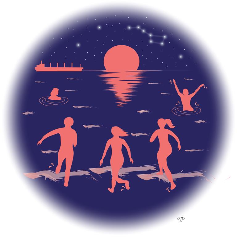 A group of friends running to the ocean to swim at night. Two other figures are in the water. The starry sky, tanker, and a low sun with reflection on the water are in the background.