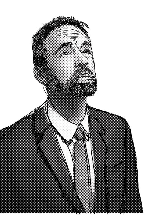 A sketched portrait of Jordan Peterson looking up.