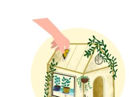 An illustration of a local greenhouse with plants surrounding it, on the side is a poster that says "we are local". A giant hand is putting a gold coing in a slot in the roof like a piggy bank.