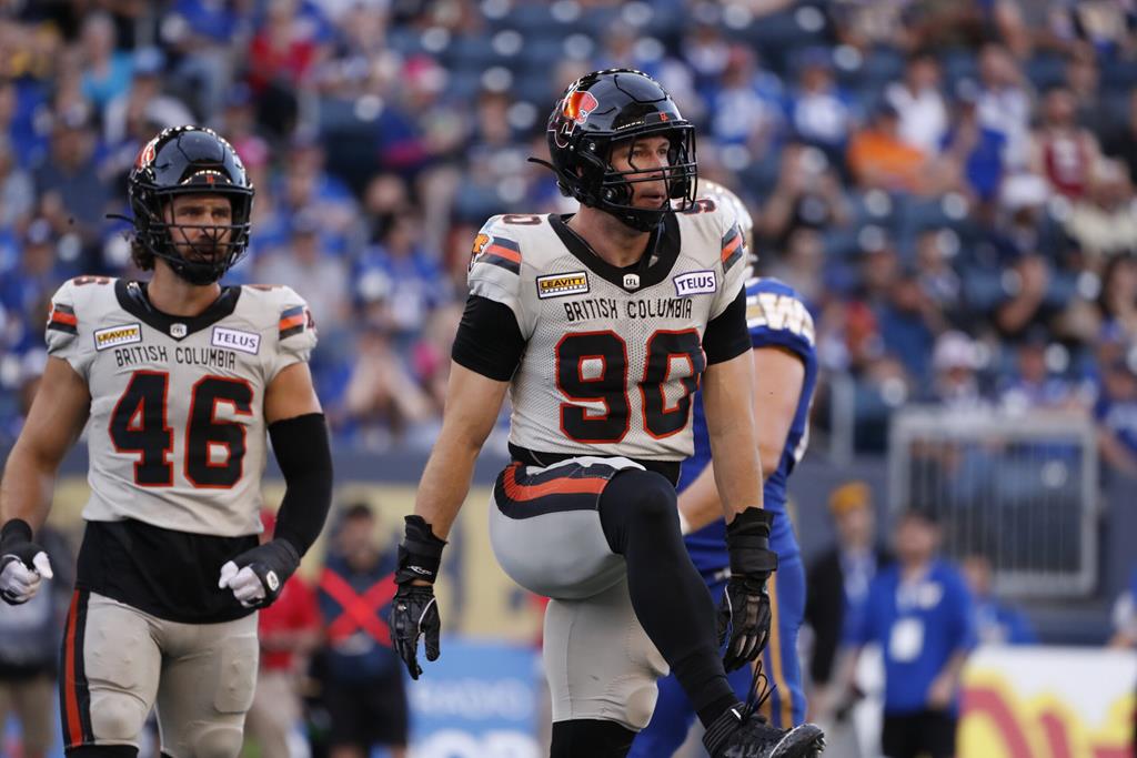Mathieu Betts prances after one of his three QB sacks against the Winnipeg Blue Bombers