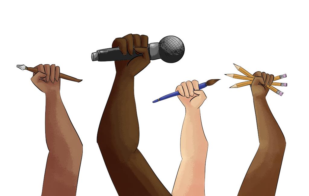 An illustration of four arms holding up a microphone, a pencil, a paintbrush, and a pen.