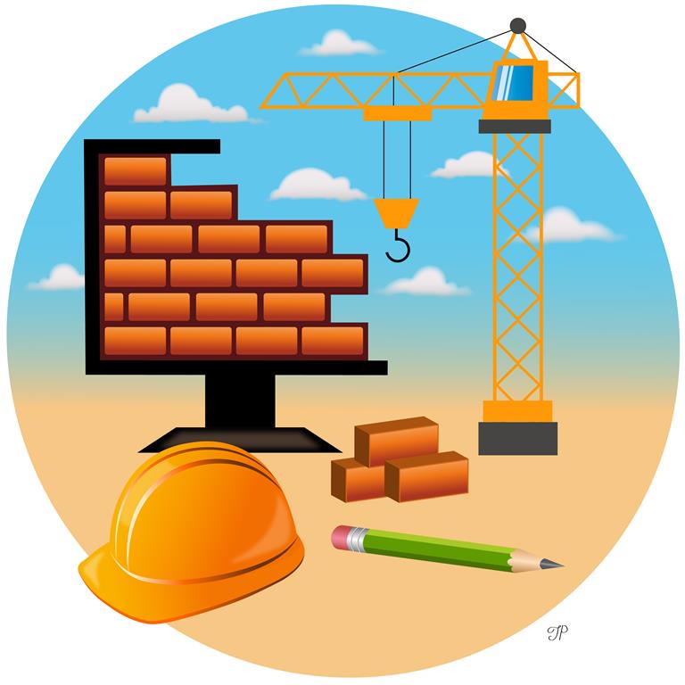 There are building bricks placed in the shape of a computer. A construction crane is in the background; a construction helmet, a few bricks, and a pencil are in the foreground.