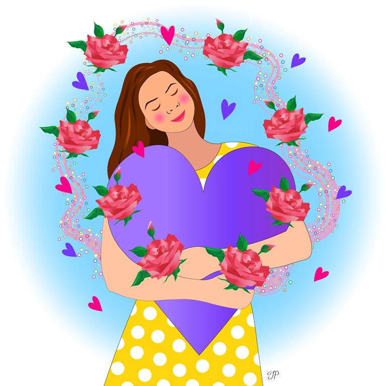 There is a girl happily hugging a big heart and surrounded by roses floating around her.