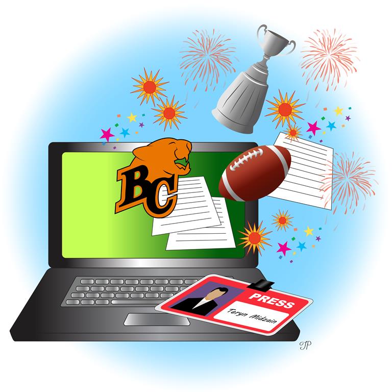 There is a laptop from which a few objects come out: the logo of The BC Lions football team, football, papers, the Grey Cup, and stars and fireworks. A badge with the word “Press” and the name of the article’s author is on the laptop keyboard.