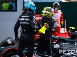 Teammates Lewis Hamilton and George Russell congragulate each other on their double podium finish at the Spanish Grand Prix in Barcelona