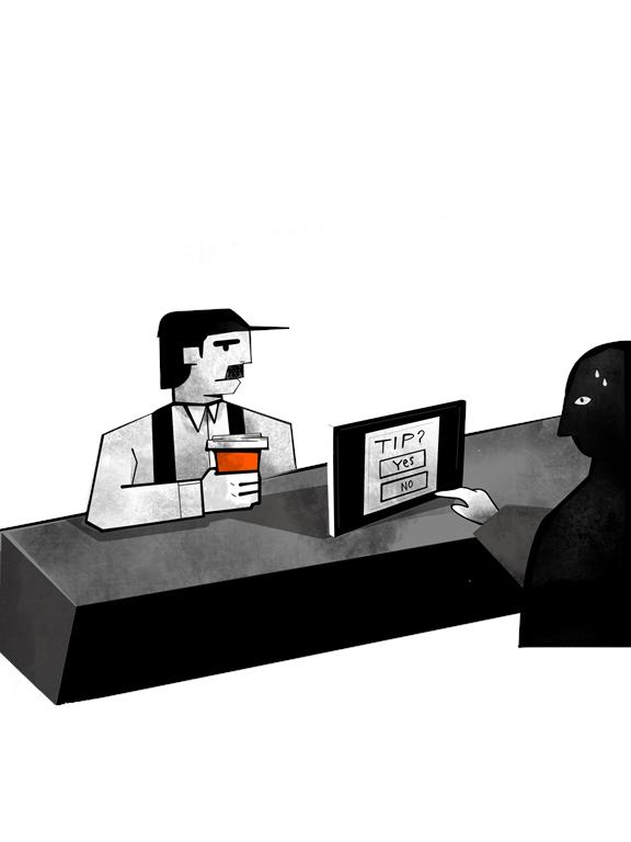 An illustration of a person getting coffee, on the counter is an ipad asking if they want to leave a tip. The person is unsure and is sweating.