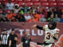 Vernon Adams Jr. throws a pass in the BC Lions preseason game against the Calgary Stampeders.