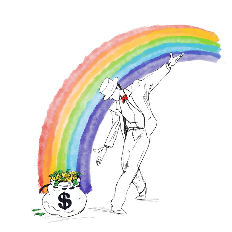 An illustration of a buisness man with a rainbow arching over him, at the end of the rainbow is a pile of cash going into his pockets.