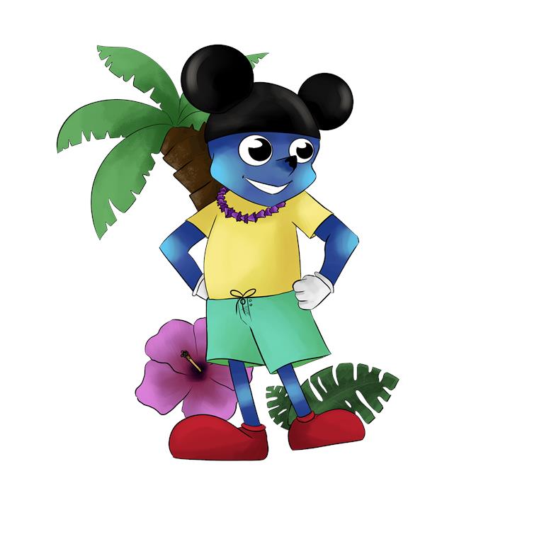 An illustration of a mickey mouse like figure stands under a palm tree and is surrounded by hibicus flowers. The figure wears a mickey mouse ears hat and is wearing shirts and a hawaiian shirt.