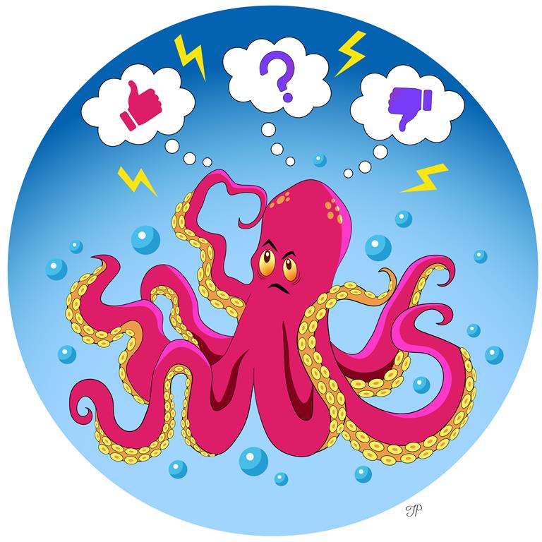A giant, concerned octopus is looking at thinking clouds floating above his head with a question mark, lightning symbols, and thumb up, thumb down symbols.