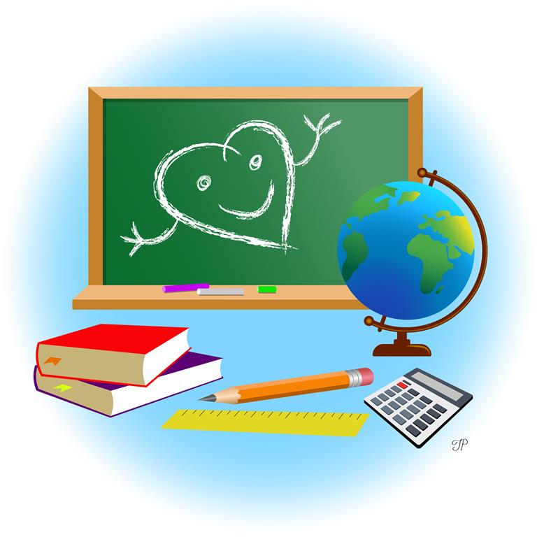 There is a big happy smiley heart with open hands drawn on the classroom board. Books, a desktop globe, a pencil, a ruler, and a calculator are in the composition's foreground.