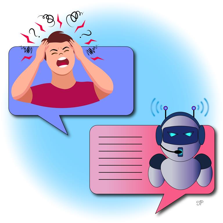 A frustrated man holding his head and screaming in the message-chapped icon in the left top corner. An emotionless robot replies to the man in the message-shaped icon in the bottom right corner.