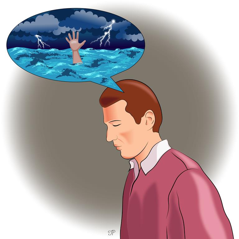 There is a sad-looking man with a thinking cloud over his head. It depicts the hand of a sinking person in a stormy ocean, surrounded by heavy dark clouds with lightning.