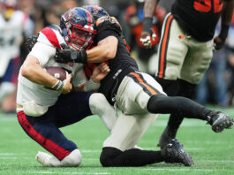 BC Lions's Mathieu Betts secures another sack in the season against Montreal Alouettes' Cody Fajardo