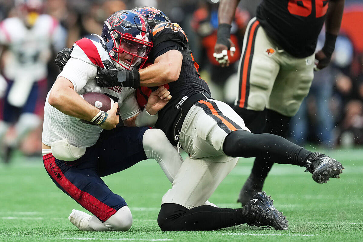 BC Lions's Mathieu Betts secures another sack in the season against Montreal Alouettes' Cody Fajardo
