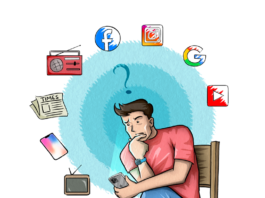 A man sits on a chair thinking while various social media apps and news outlets float above his head.