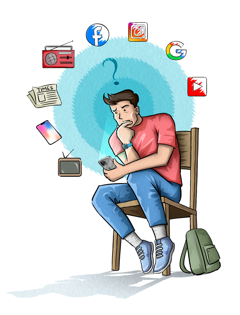 A man sits on a chair thinking while various social media apps and news outlets float above his head.