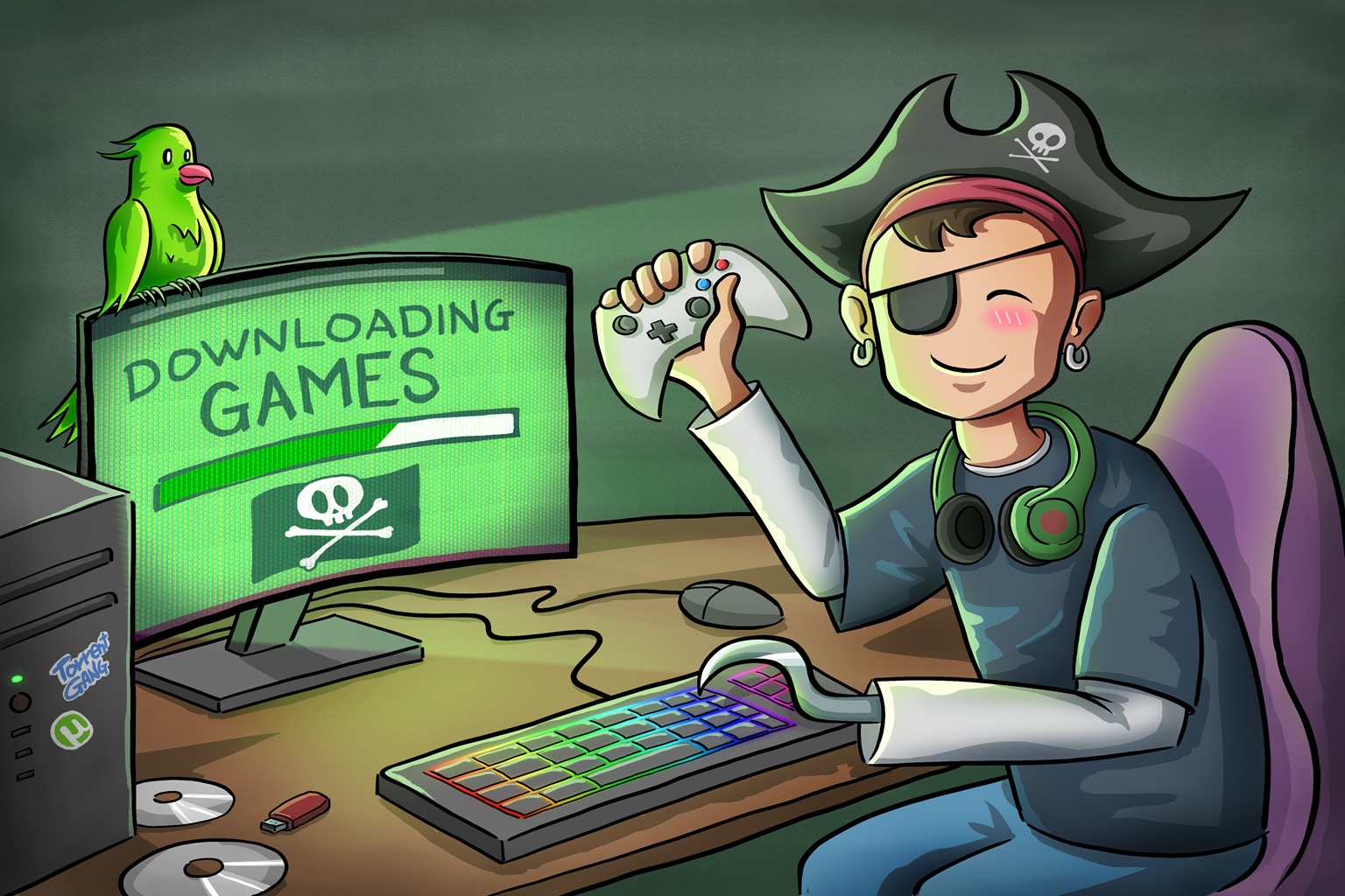 An illustration of a pirate illegally downloading video games over a computer.
