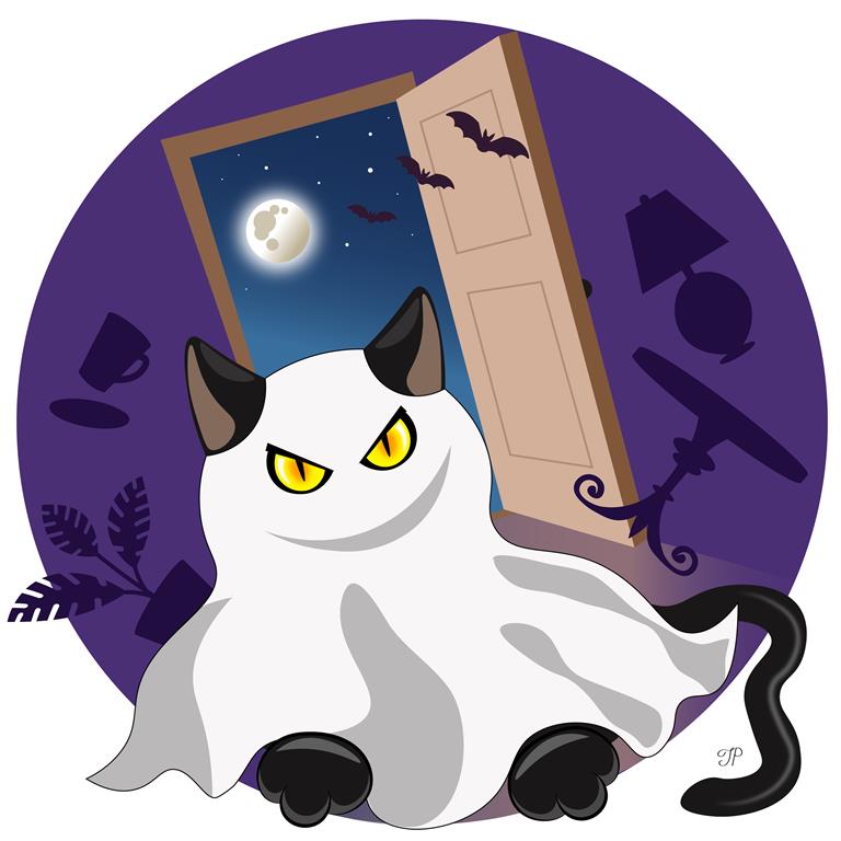 A cat in a ghost costume is in the foreground of the picture. The open door with a starry sky, shining moon, and flying bats are in the background. There are falling living room objects (table, lamp, house plant, a cup) behind the cat.