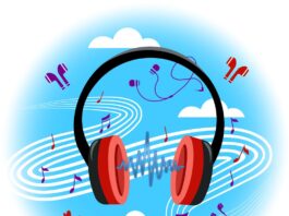 An illustration of red headphones with music notes floating around it.