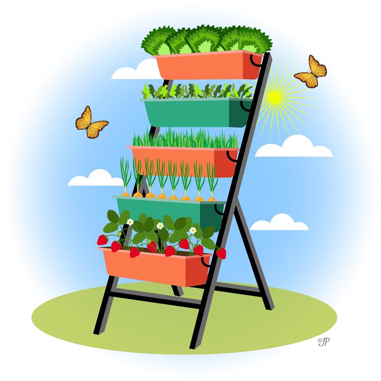 A vertical garden patio planter has five container boxes where herbs, salad, and strawberries are grown. Clouds and butterflies are in the background.