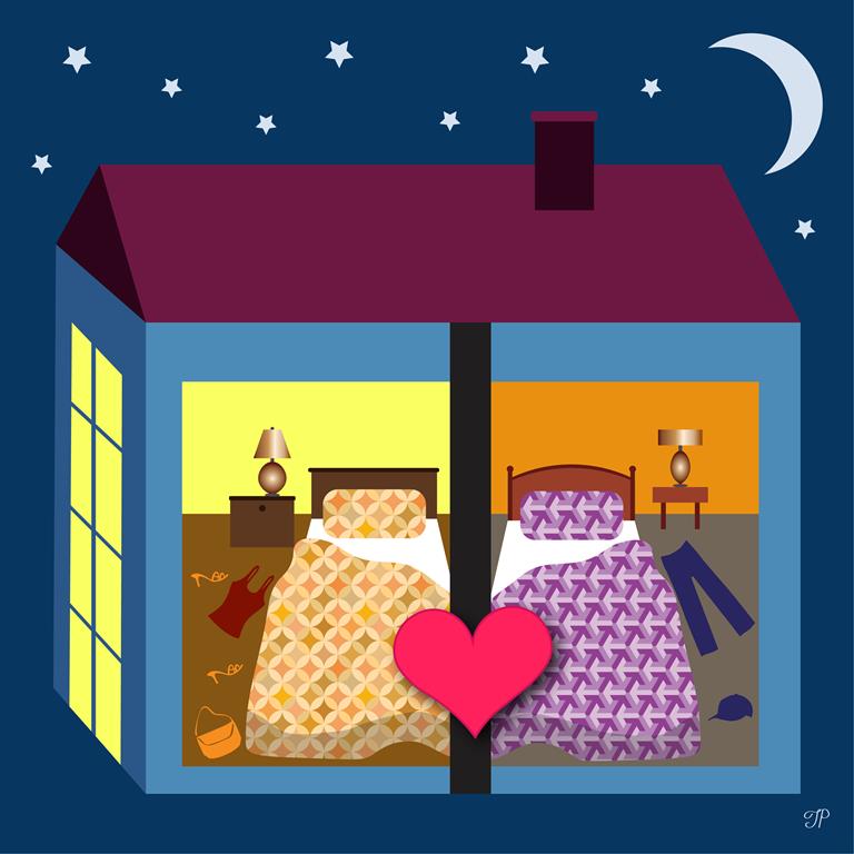 There are two bedrooms in the house. A woman’s clothes are beside the bed in one bedroom, and a man’s clothes are beside the bed in the other. There is a big heart between the bedrooms. The starry sky and the moon are in the background.