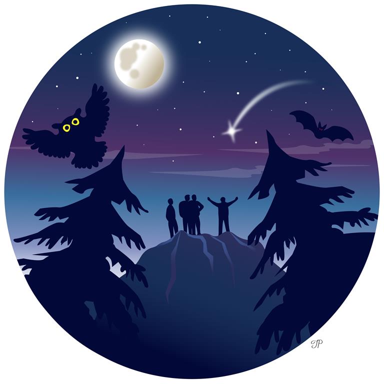 A group of hikers on top of a mountain enjoying the view of the night starry sky, shining moon, and a falling star. There are two big trees, a flying owl, and a bat in the foreground.